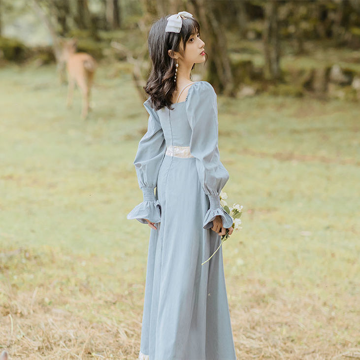 French Vintage Party Dress Women Lace Long Sleeve Square Collar Elegant Red Dress Women Fairy Dress Korean Autumn 210521