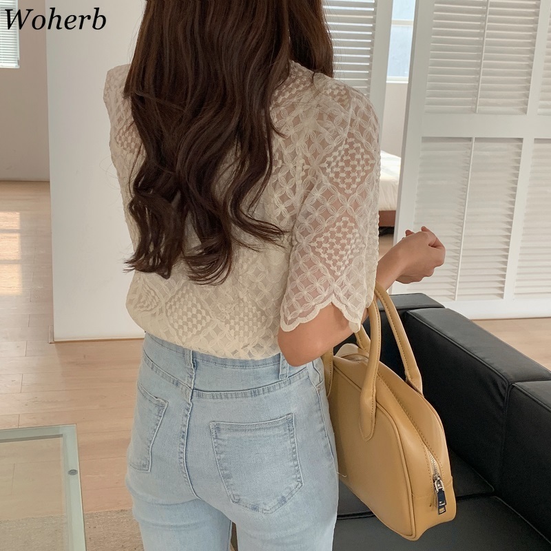 Clothes for Women Blouses Sweet Stand-up Collar Lace Hollow Crochet Floral Blusas Short Sleeve Chic Shirt Korean Tops 210519