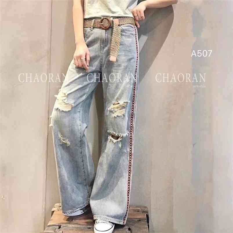 Spring Korea Fashion Women High Waist Ripped Jeans Cotton Denim Wide Leg Pants Slim Ladies Free Belt Plus Size S665 210512