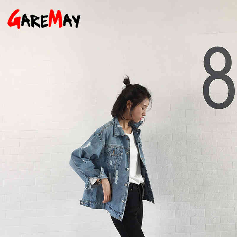 Women Basic Coat Denim Jacket Winter For Jeans ripped Frayed Lady Loose plus size 210428