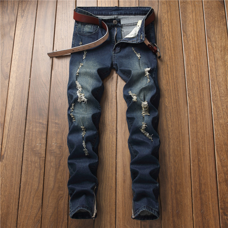 fashion jeans men's jean small foot tight cotton stretch hole, Blue
