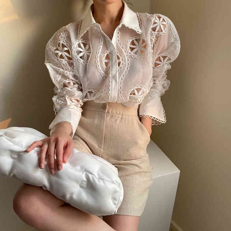 Lady Sexy See Through Long Sleeve Loose White Blouse Tops High Quality Hollow Out Floral Embroidery Elegant Shirt Chic 13369 210510