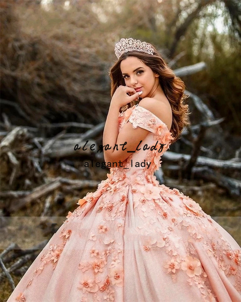 Off Shoulder Blush Pink Quinceanera Dresses 2021 Appliques 3D Flowers Beads lace-up cordet princess Sweet 16 Party prom Ball Gowns