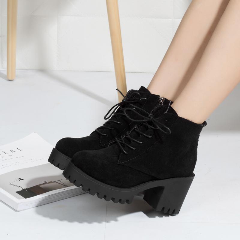 Boots Wome's Suede Ankle Square Heels Ladies Lace Up Plush Zipper Shoes Woman Fashion Casual Female Winter Footwear