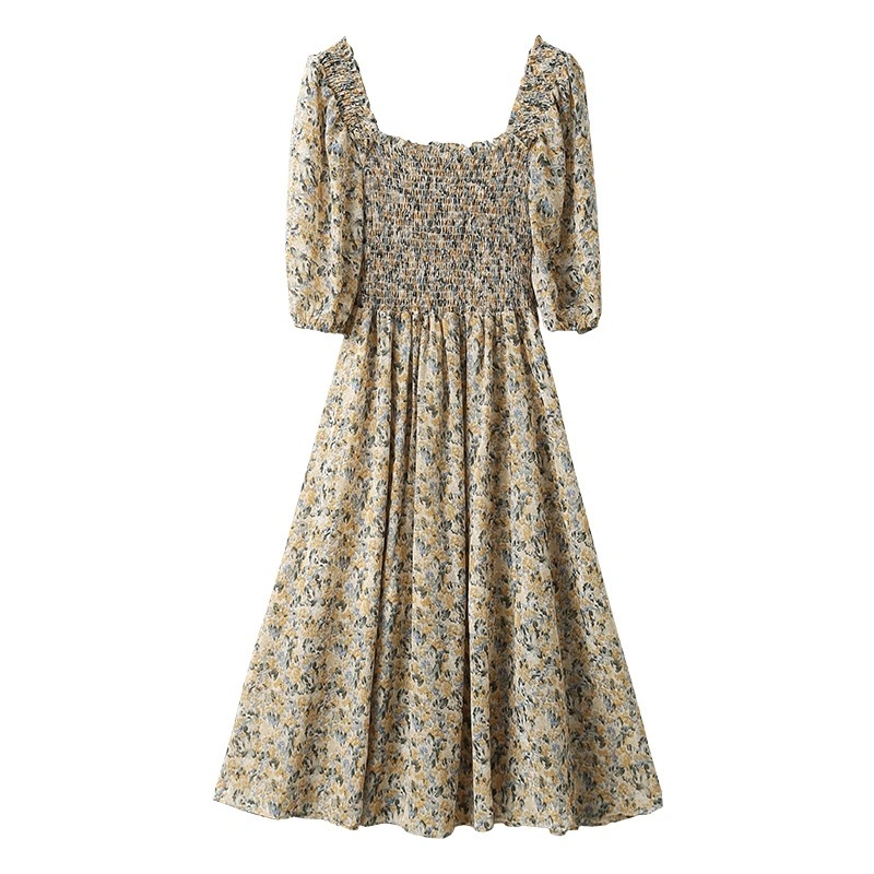 Chic Korean Style Casual Half Puff Sleeve Women Floral Dress Square Collar Elasticity Summer Maxi Chiffon Female Robe 210521
