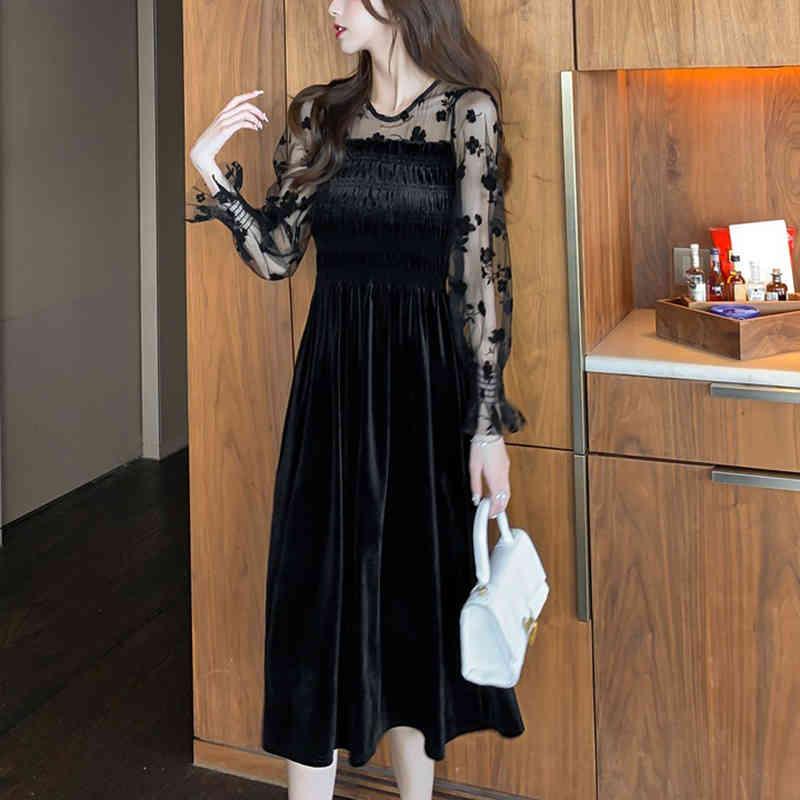 Korean Mesh Velvet Sexy Dress Women Autumn Winter Midi Black Embroidery Vinatge Zipper Ladies es Vestidos 12557 210508