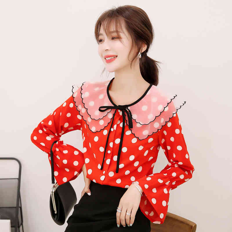 Women Tops Chiffon Shirts Autumn Double-layer collar Long sleeve Blouses Bow Fashion 871C7 210420