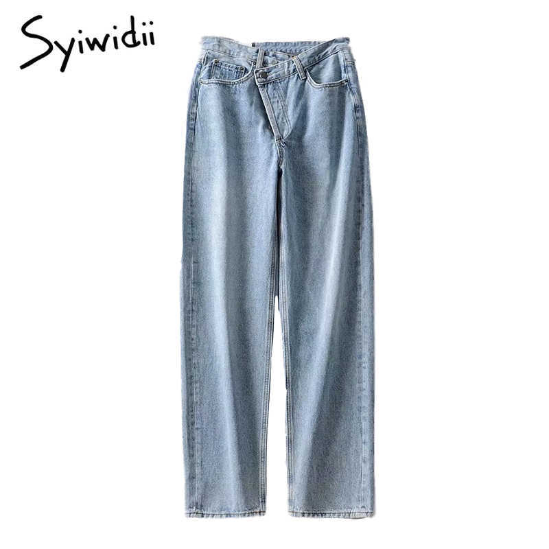 Syiwidii Irregular High Waisted Mom Jeans for Women Straight Street Full Length Denim Pants Clothes Fashion Spliced 210922