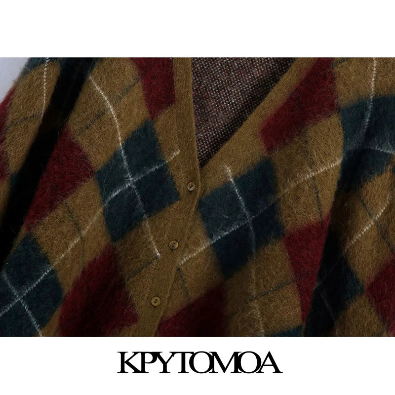 Women Fashion With Ribbed Trims Argyle Cardigan Sweater Long Sleeve Button-up Female Outerwear Chic Tops 210420