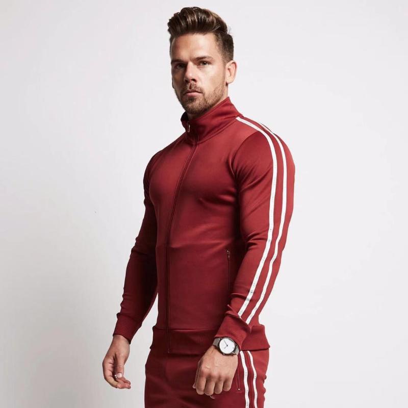 Foreign Trade Style Men's Striped Stand-up Collar Zipper Shirt Suit European And American Large Size Light Board Muscle Men' Tracksuits