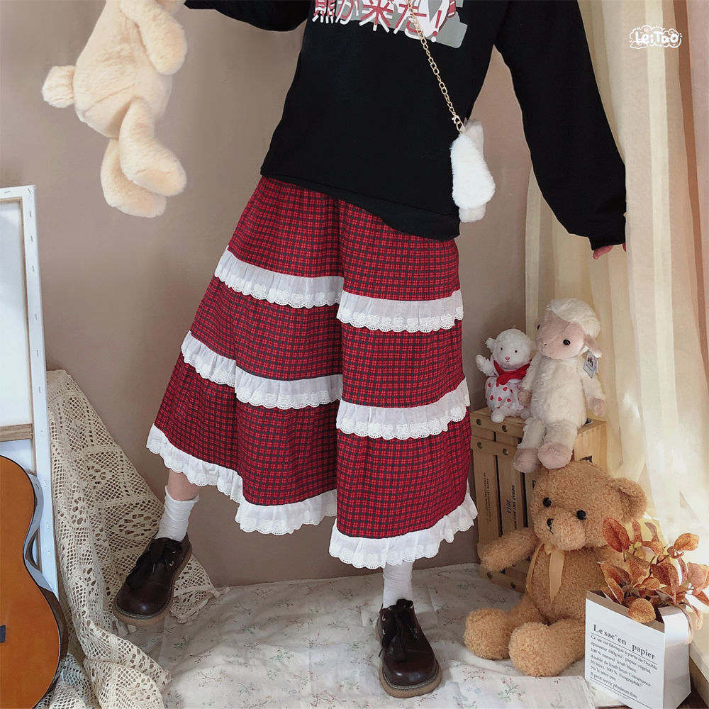 Christmas Skirts Elegant Plaid Sweet High Waist Female Japanese Kawaii Lace Chiffon Midi Korean Skirt 210510