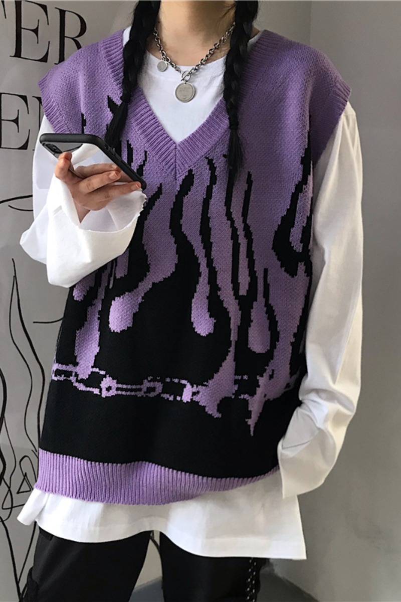 Sleeveless Knitted Sweater Tank Women Vest Vintage Flame Jumper Harajuku Streetwear Casual Woman Man Gilet Korean Fashion 210519