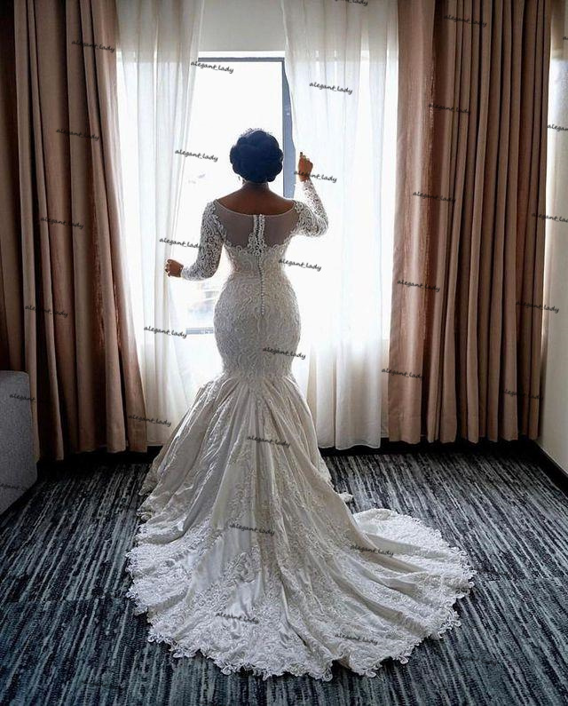 African Plus Size Wedding Dresses 2021 Long Sleeve Solid Lace Applique Arabic Aso Ebi Mermaid Garden Church nerigania Bridal Dress