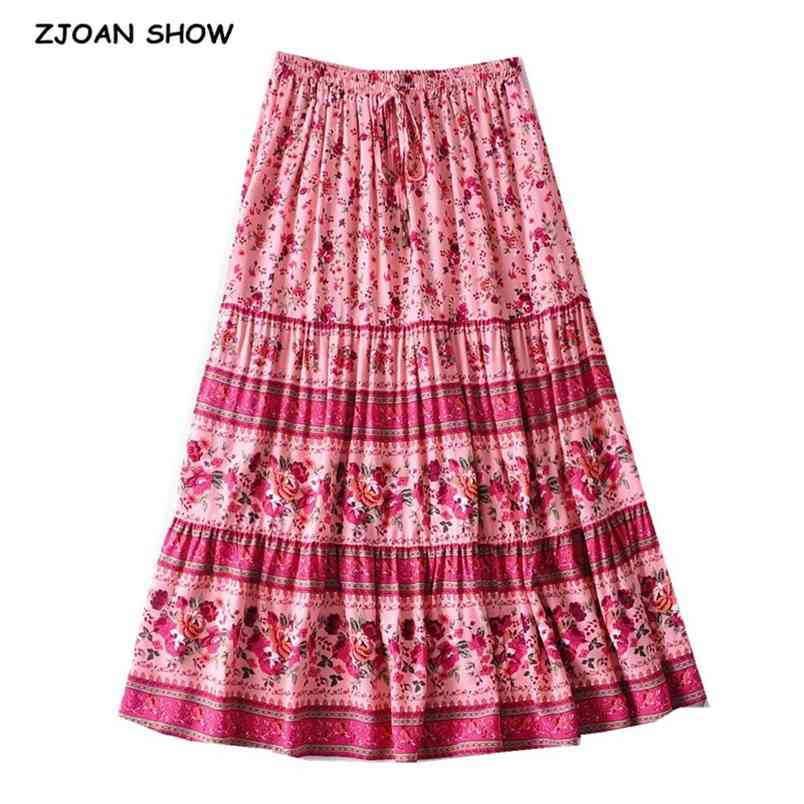 Bohemia Spliced Pleated Floral Print Long Skirt Hippie Women Adjust Stream Elastic Waist Swing Skirts Holiday Beach 210429