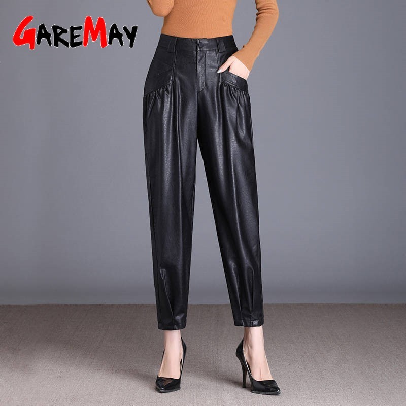 Women Black Faux Leather Suit Pants High Waist Pockets Fashion Lady Warm Pant Office Ladies Pu Trousers 210428