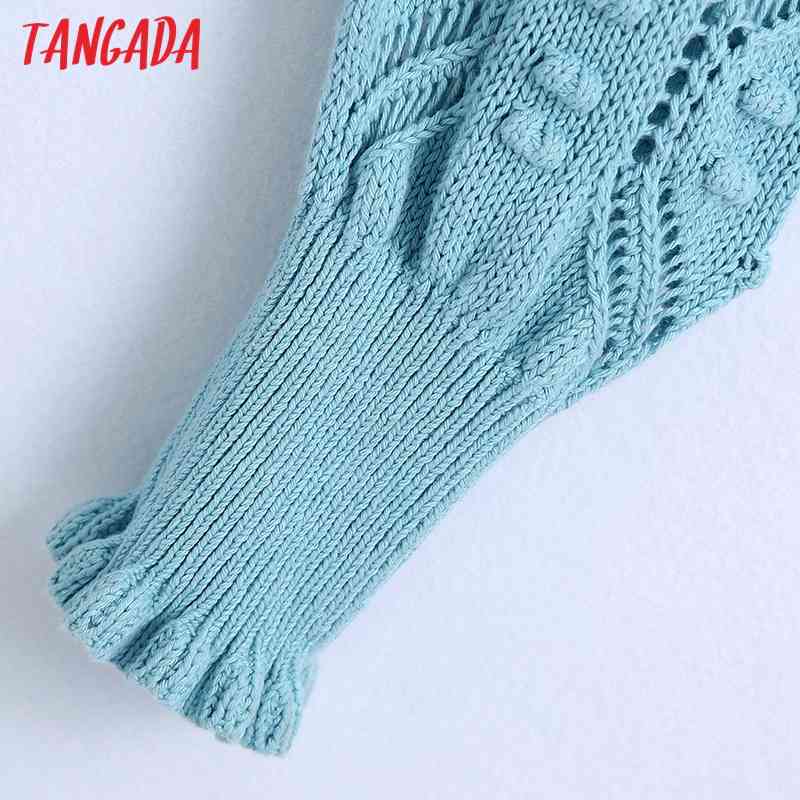 Women Cardigans V Neck Puff Sleeve Hollow Out Crochet Short Knitted Sweater Female Chic Diamond Button Tops BE229 210416