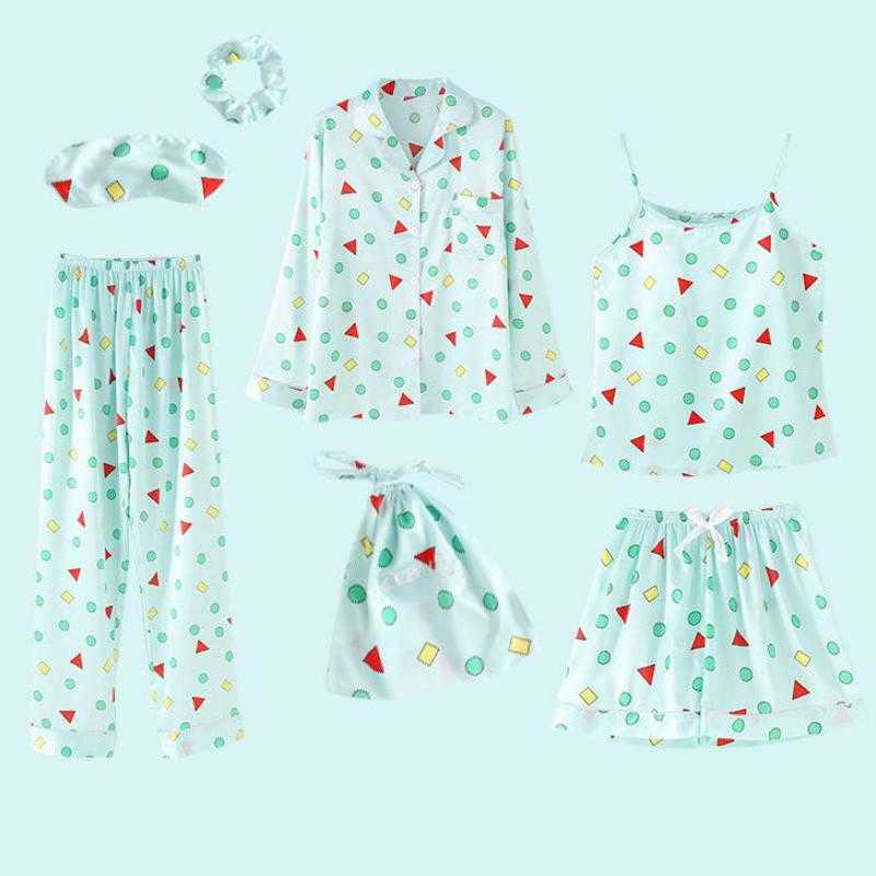 Novelty Geometric Women Pajamas Suit Intimate Lingerie Women Casual Sleepwear 7PCS Sleep Set Satin Nightwear Home Clothing Q0706