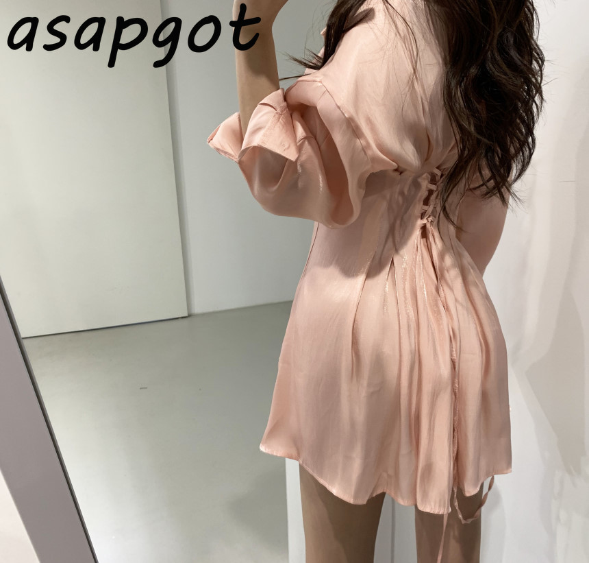 Korean Chic Elegant Slim Luster Waist Pleated Back Lace Up Shirt Dress Women Mini Lapel Single Breasted Solid Vestido Feminino 210429