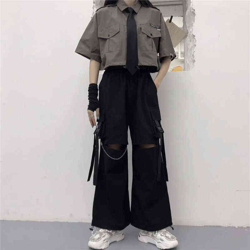 HOUZHOU Gothic Streetwear Women's Cargo Pants with Chain Punk Techwear Black Oversize Korean Fashion Wide Leg Trousers Alt 211115