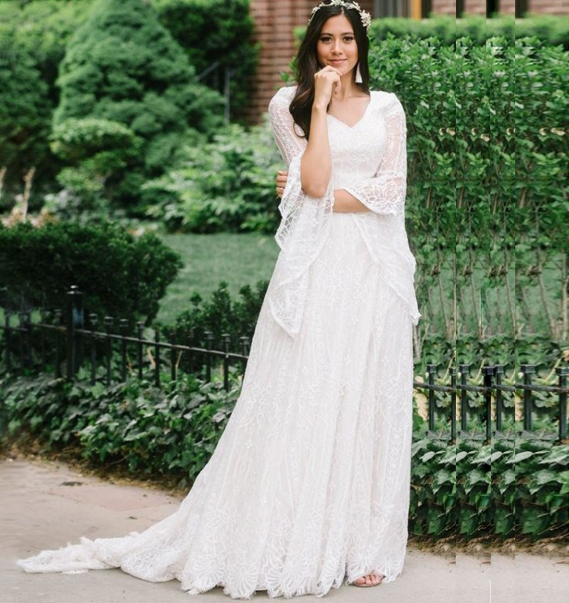 Bride Wedding Dress 2023 New Sumemr Beach Lace V-neck Batwing Sleeves Boho Chic Bridal Gowns Robe De Mariage Vestidos