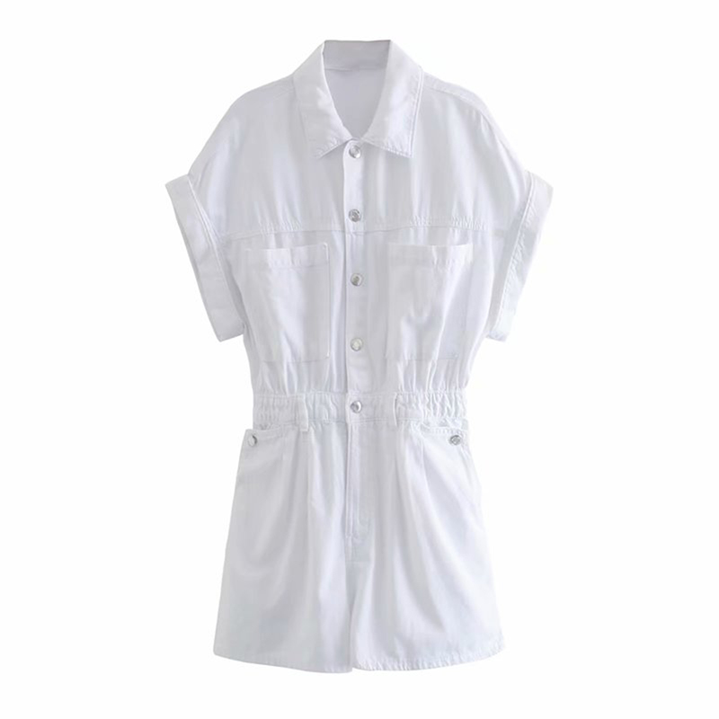Women Fashion Pocket Button Decoration Handsome Denim Jumpsuit Elastic Waist Summer Shorts With Pockets 210521