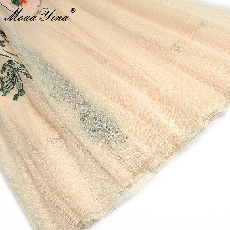 Fashion Runway Summer Vintage Party Dress Women Short sleeve Elastic waist Sequins Embroidered Mesh Midi 210524