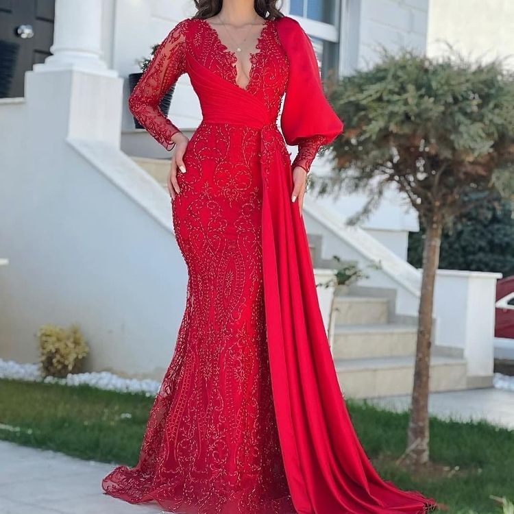 2022 Plus Size Arabic Aso Ebi Luxurious Lace Beaded Prom Dresses Sheer Neck Long Sleeves Evening Formal Party Second Reception Gowns Dress ZJ11