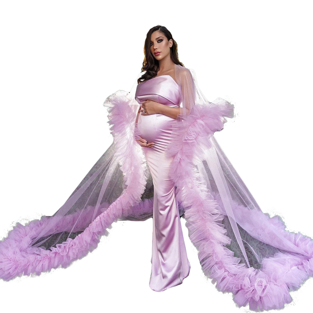 Pink Beach Sleepwear Maternity Gowns for Photoshoot Tulle Long Sleeve Pregnant Dresses Babyshower Nightgowns Maternity Robes Ruffled