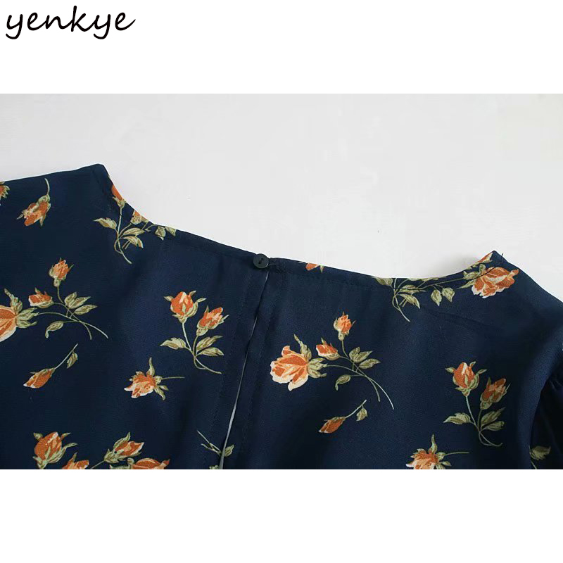 YENKYE Chiffon Summer Dress Women Vintage Prairie Chic Floral Print Dress Female V Neck Sexy Hem Slits A-line Midi Robe Femme 210515