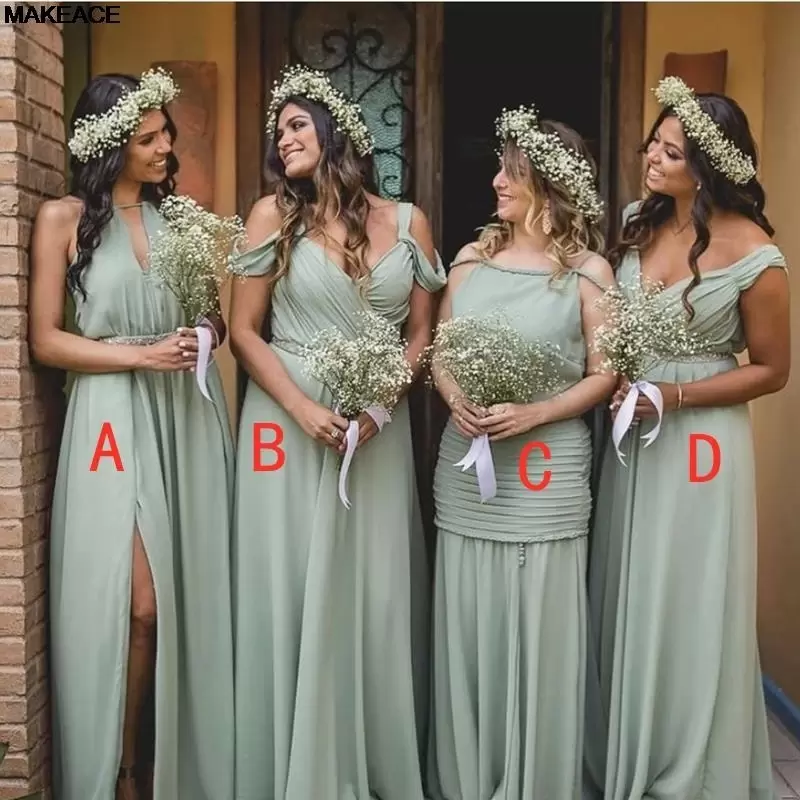 Sage Green Bridesmaid Dresses Chiffon A Line Halter Straps Floor Length Side Slit Plus Size Maid Of Honor Gown Country Wedding Formal Evening Wear Ves