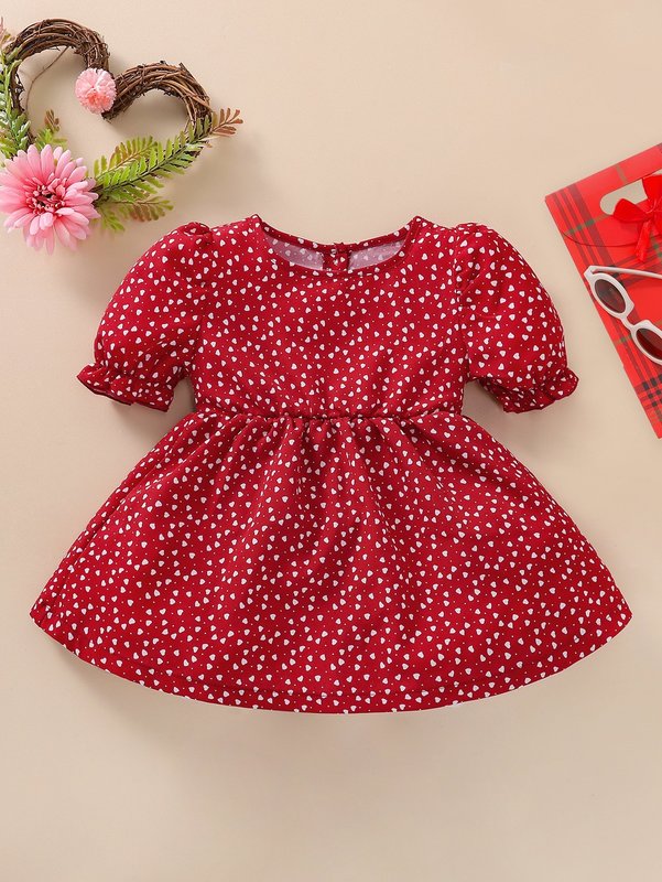 Baby Confetti Heart Print Puff Sleeve Button Back Dress SHE