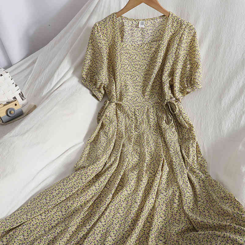 Fresh Sweet Korean Chic Slim Lace Up Elastic Waist Square Neck Puff Short Sleeve Chiffon Floral Print Dress Women Summer Gentle 210429