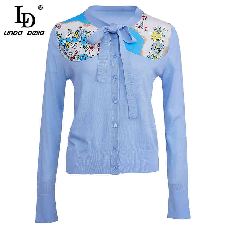 Women Spring Fashion Runway Cardigan Sweaters Long Sleeve Bow Solid Printed Ladies Knitting Slim Tops 210522