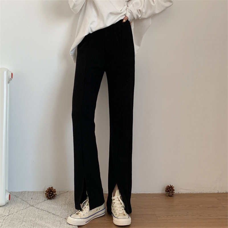 Korean Slim High Waist Stylish Women Streetwear All Match Casual Office Lady Trousers Chic Split Boot Cut Solid Pants 210421