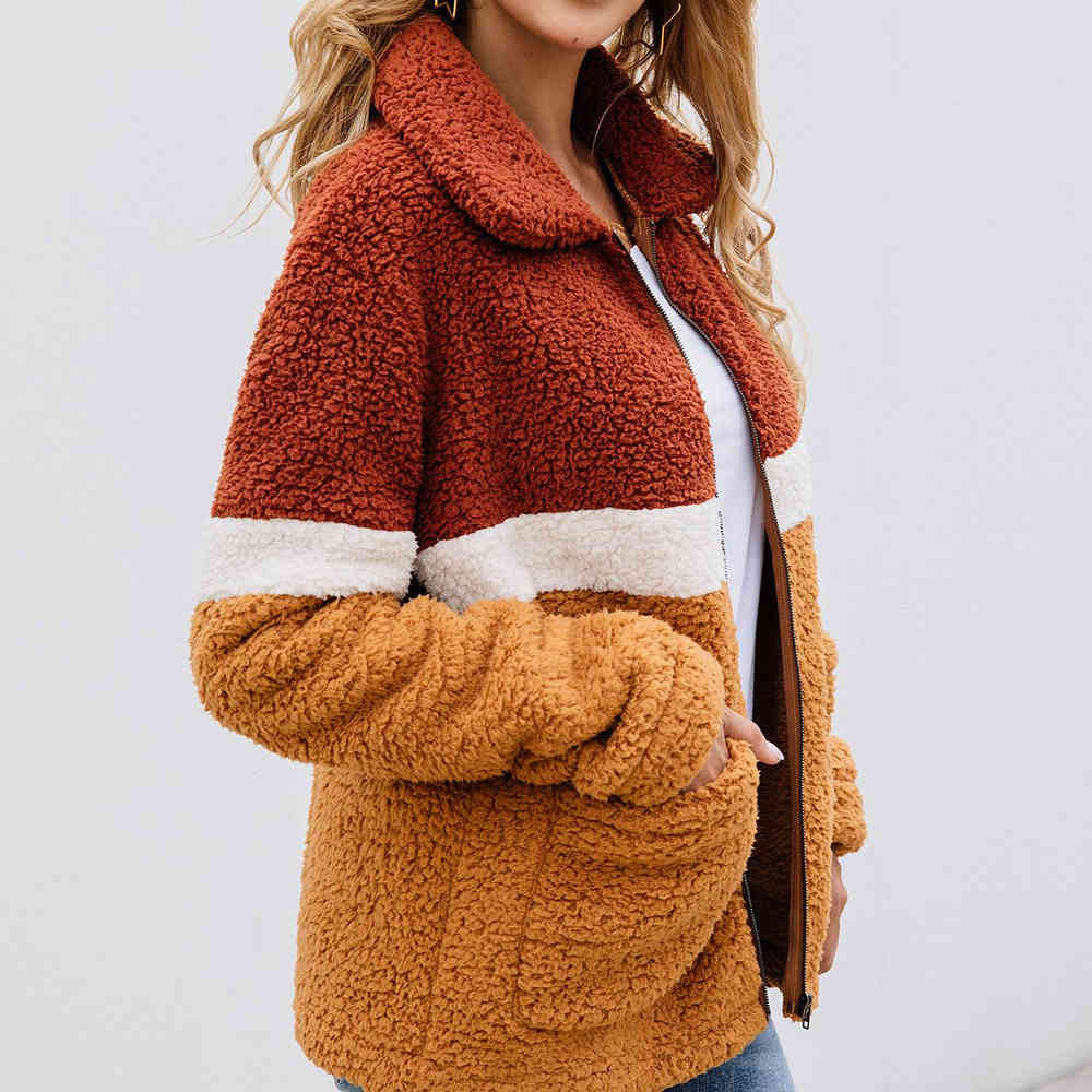 Color Block Warm Thick Faux Fur Zipper Hoodies Caual Pockets Teddy Jacket Elegant Coat Fashion Patchwork Outwear 210428