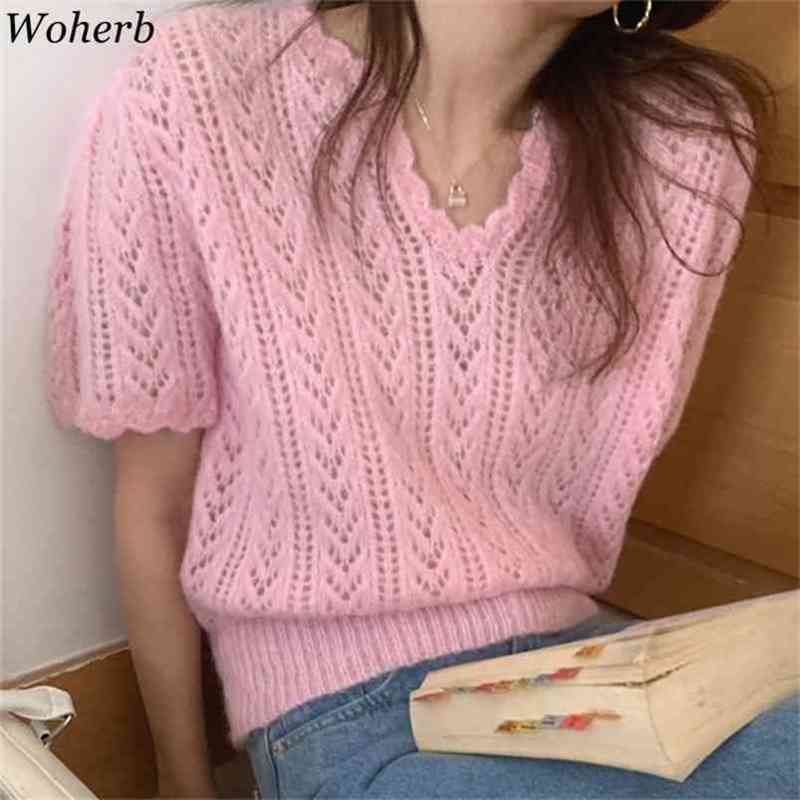 V-neck Summer Thin Hollow Knitted Pullover Women Korean Chic Elegant Short Sleeve Solid Casual All Match Sweater Femme 210519, Pink
V-neck Summer Thin Hollow Knitted Pullover Women Korean Chic Elegant Short Sleeve Solid Casual All Match Sweater Femme 210519, Pink