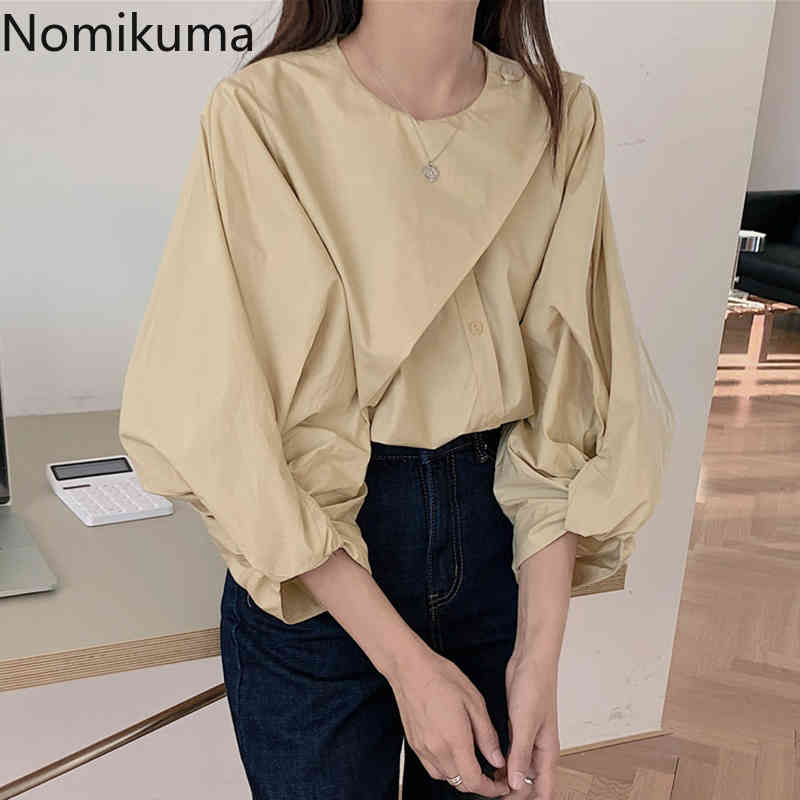 Nomikuma Causal O-neck Patchwork Blouse Shirt Korean Puff Sleeve Women Tops Spring New Pullover Blusas Feminimos 6E827 210427