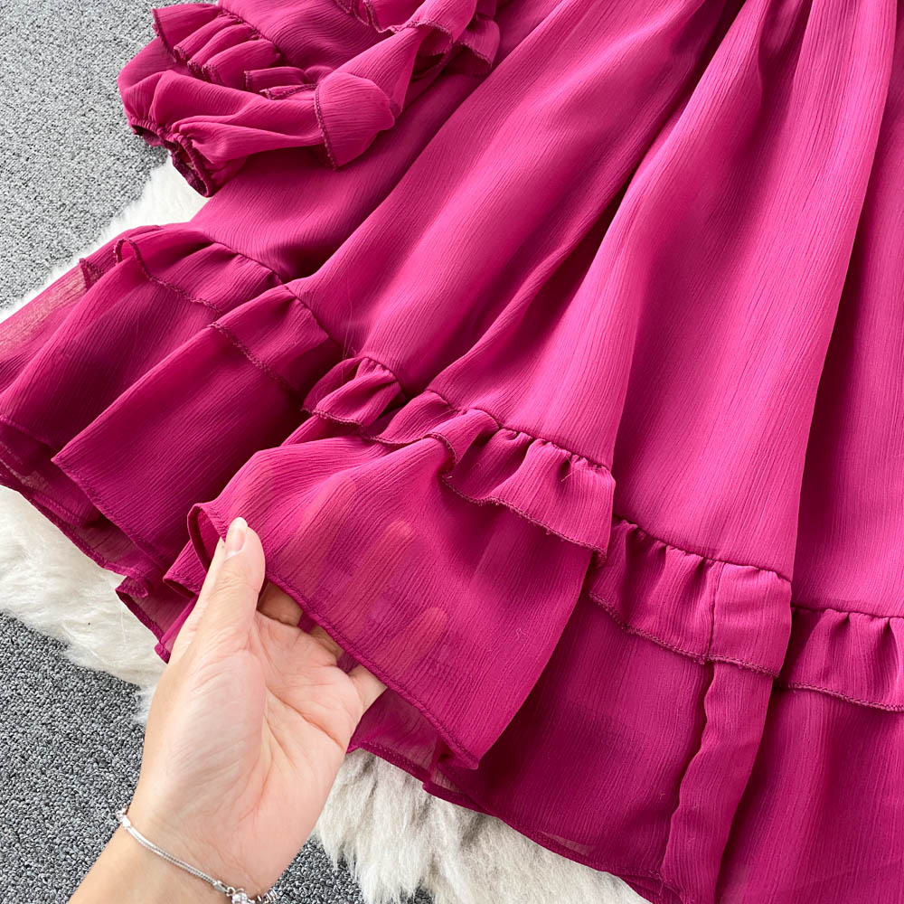 Spring Autumn Purple/Yellow/Blue Chiffon Dress Women Elegant O-Neck Draped Ruffle Vestidos Female Puff Long Sleeve A-Line Robe 2022