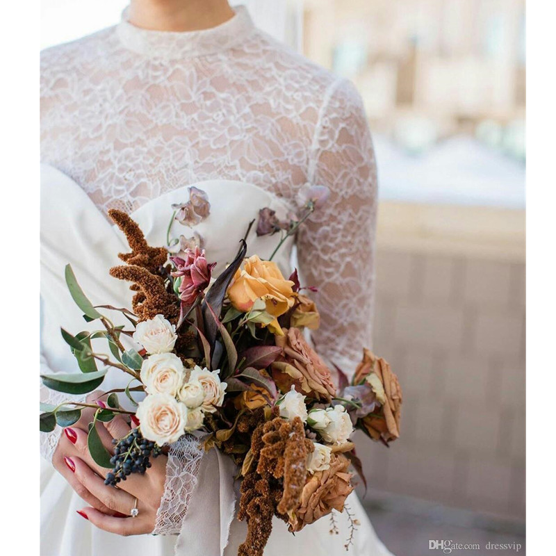 Wanshandress High Neck A-line Wedding Dresses long Sleeves Lace Pleated Satin Floor Length Bridal Gowns