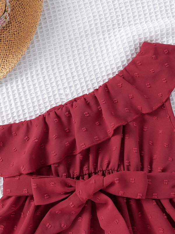 Toddler Girls Swiss Dot One Shoulder Ruffle Trim Belted Dress SHE