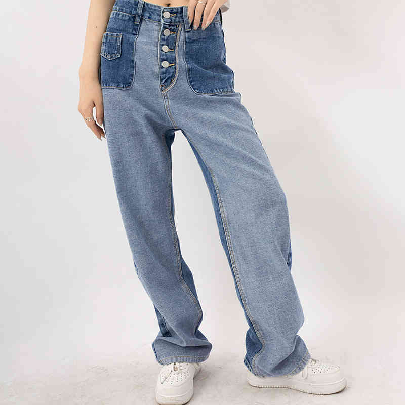 Streetwear Contrast Color Jeans Women's Summer High Waist Loose Thin Straight Denim Pants Female Tide 5E331 210427