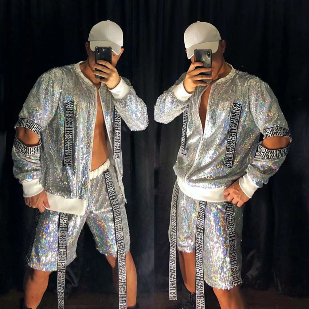 Men's Loose Silver Two-piece Set Hip Hop Dance Stage Wear Fashion Hollow Out Shiny Sequins Jacket Pants Baseball Suit Nightclub Tide Jazz Rock Pe