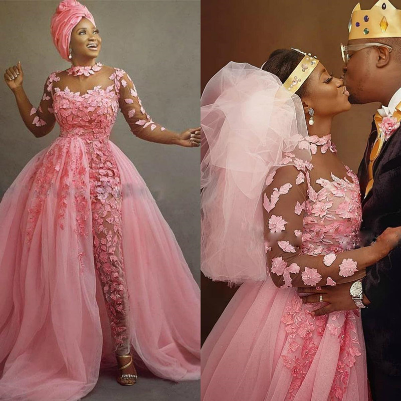 Pink Nigerian African Wedding Dress Jumpsuit With Detachable Train Plus Size Sheer Jewel Neck D Ral Lace Tulle Bride Dres