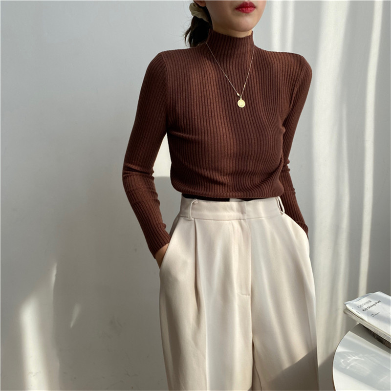 Knitted Pullovers Women Sweaters Autumn Spring OL Solid Turtleneck Sweater Winter Basic Bottoming Tops 12 Colors 210421