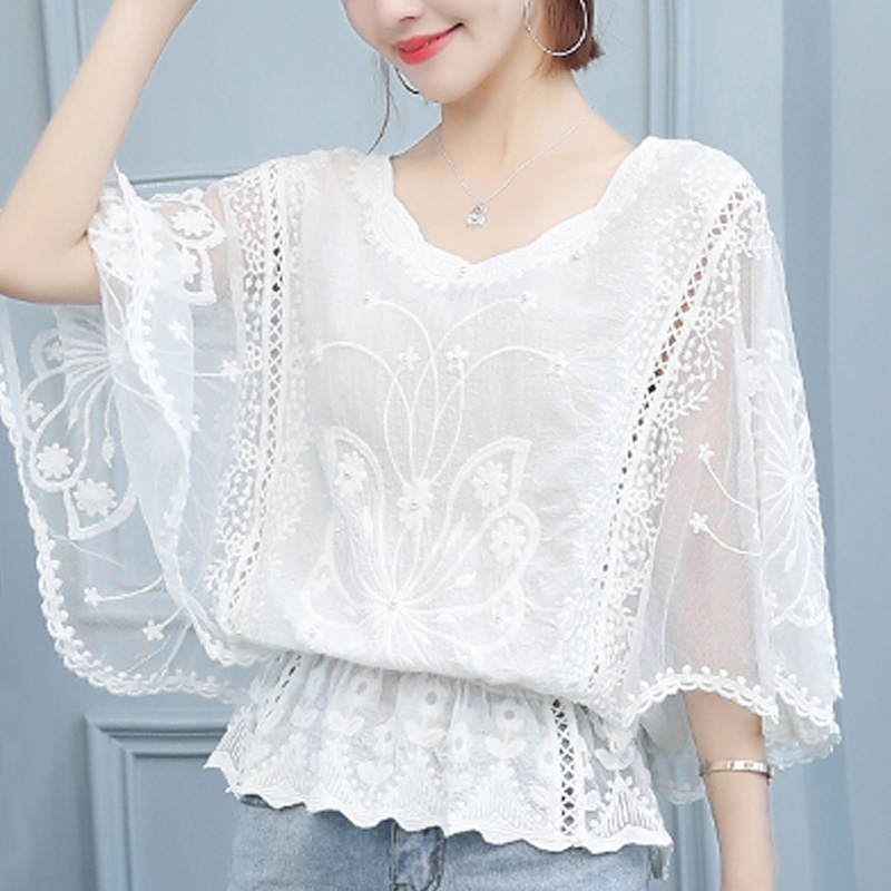summer blouse women plus size tops batwing sleeve shirts lace white s and s 4478 50 210506