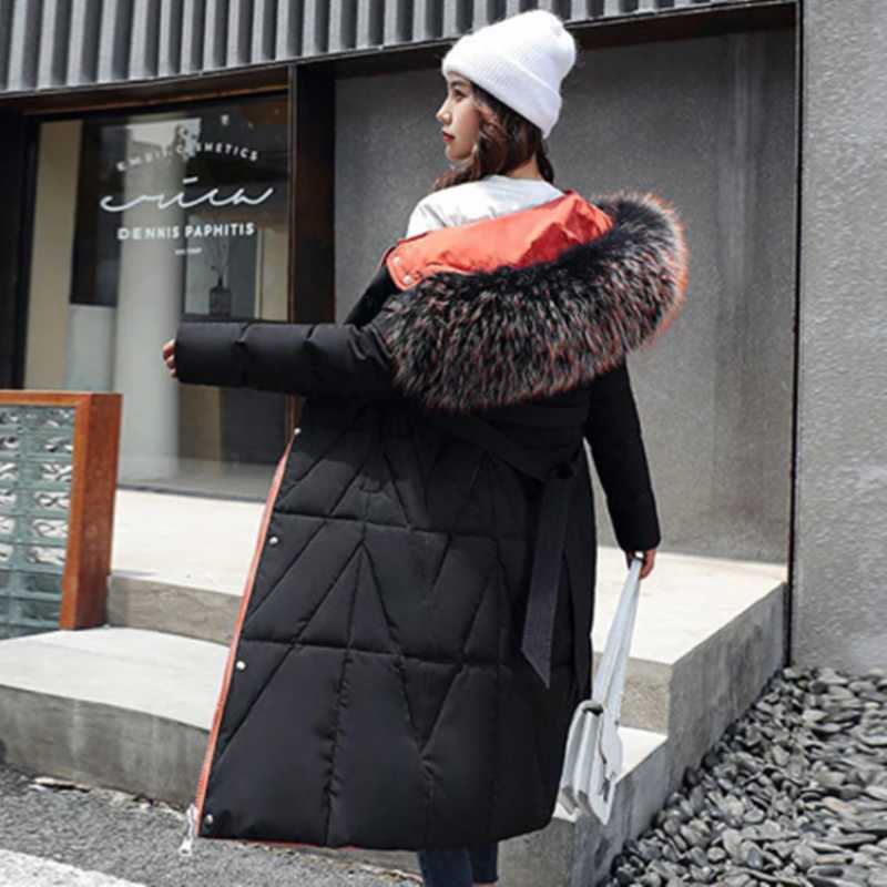 Long Down Cotton Jacket Thicken Winter Woman Coat Plus size Loose Warm Outerwear Big Fur collar Hooded Women Parka 210819