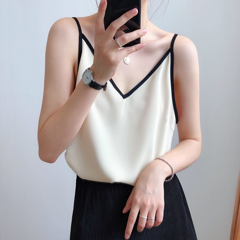 Women Spaghetti Strap Top Summer Tank V-neck Fashion Silk Chiffon Sleeveless Black White s for 210603, Beige
Women Spaghetti Strap Top Summer Tank V-neck Fashion Silk Chiffon Sleeveless Black White s for 210603, Beige