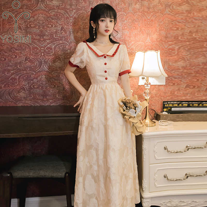 YOSIMI Women Dress Summer Beige Patchwork Turn-down Collar Jacquard Vintage Short Sleeve Mid-calf Long Vestido Feminino 210604
YOSIMI Women Dress Summer Beige Patchwork Turn-down Collar Jacquard Vintage Short Sleeve Mid-calf Long Vestido Feminino 210604