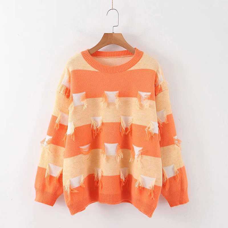 H.SA Women Pullover and Sweaters Oneck Long Sleeve Loose Knitwear Broken Hole Korean Knit Jumpers Pink Pull Sweater Casual Tops 210716