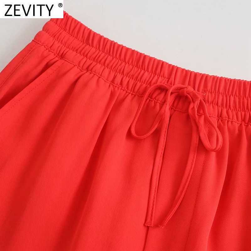 Zevity Women Simply Solid Color Pockets Patch Casual Straight Pants Female Chic Elastic Waist Lace Up Summer Long Trousers P1129 210603